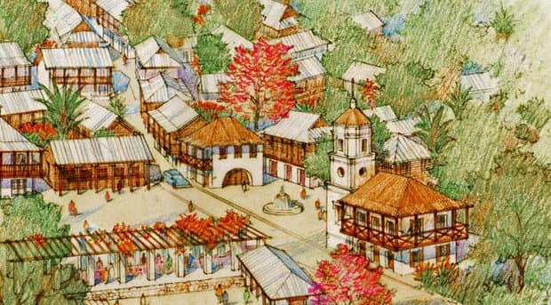 An illustrated aerial view of a planned village around a central square